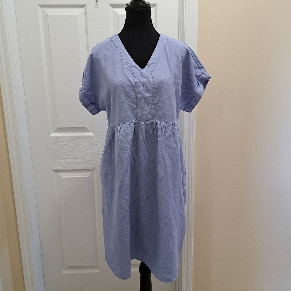NWOT Briggs New York Blue Linen Dress Small V-neck Short Sleeved - Picture 6 of 13